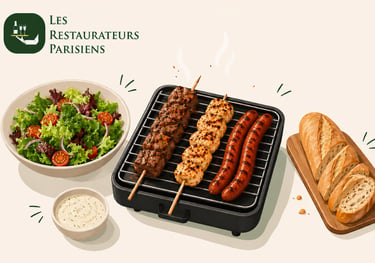 Brochettes grillées, saucisses, salade fraîche et baguette pour un festin barbecue parisien.