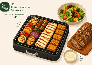 Barbecue végétarien avec halloumi, tofu, légumes et salade pour les flexitariens parisiens.