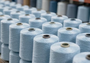 Rows of finished polyester yarn spools ready for shipping, stacked neatly in a warehouse with cool industrial lighting (#95A5BB).