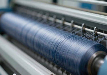 Close-up of a yarn twisting machine in motion, showing the blurring threads creating a sense of dynamic manufacturing, colors #3A4F6B and #F0F2F5.