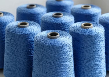 A row of high-grade Nylon 6 yarn cones in a clean, industrial blue-toned setting (#3A4F6B). The image highlights the uniform shine and consistency of the thread.