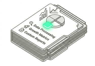 Isometric data processing folder icon featuring growth metrics, custom reports, and analytics charts.