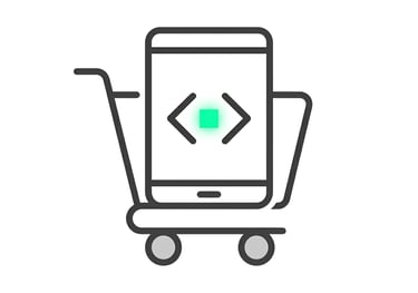 E-commerce mobile app development icon featuring a smartphone with code symbols inside a shopping cart.