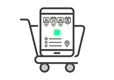 E-commerce shopping cart icon containing a smartphone with online booking and scheduling app interface.
