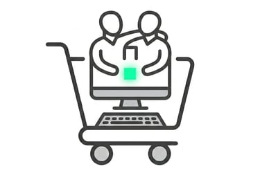 Line art icon of a computer monitor with people inside a shopping cart for ecommerce customer support.