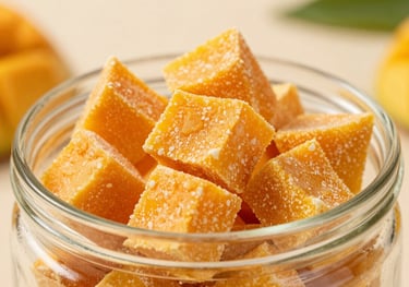 Vibrant freeze-dried mango cubes in a clean glass jar. The image uses a soft focus background to emphasize the texture and color of the fruit.