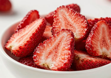 High-quality photography of vibrant freeze-dried strawberry slices in a minimalist white ceramic bowl. The lighting is bright, emphasizing the natural red color.