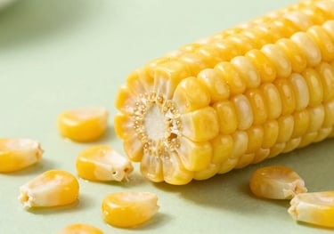 Macro shot of freeze-dried sweet corn kernels. The yellow is bright and sun-kissed, arranged on a light sage green surface for a fresh look.