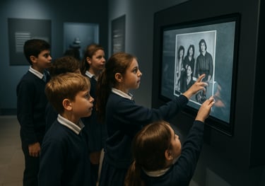Children in an Argentine school group engaging with an interactive touch-screen display featuring band history. The museum interior is clean, with gray and navy accents.