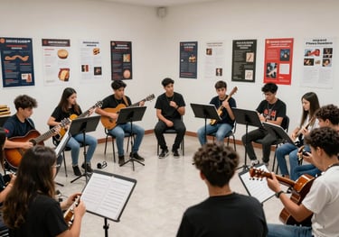 A vibrant, bright photograph of a group of Argentine students participating in a musical workshop, surrounded by educational posters and instruments in a clean, modern facility.