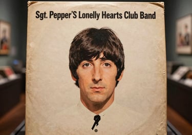 A close-up, high-detail photograph of a rare, vintage Beatles vinyl record album, such as 'Sgt. Pepper's Lonely Hearts Club Band', showcasing its iconic artwork and subtle historical wear. It is displayed within a sophisticated, dimly lit museum exhibit, with soft, directional spotlights emphasizing its premium nature. The style is nostalgic, reverential, and timeless, evoking the band's enduring legacy. The composition is a tight shot, with a shallow depth of field to highlight the record. The background subtly suggests a curated collection in a refined South American museum setting.