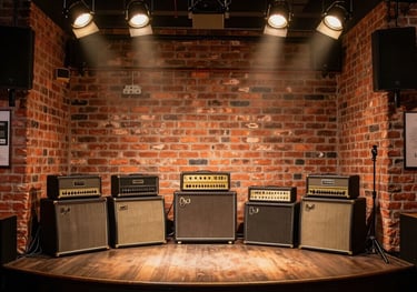 A beautiful shot of a replica of the legendary Cavern Club stage within the museum, featuring brick walls, vintage amplifiers, and golden spotlights, evoking a nostalgic music club feel.