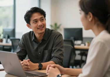 A career mentoring session between two Indonesian professionals in a light-filled coworking space.