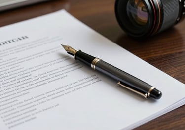 Close-up of professional legal documents and a fountain pen on a dark wood desk in an Indonesian office setting.