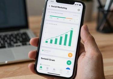 A professional digital marketing workspace with a smartphone displaying a social media growth dashboard.