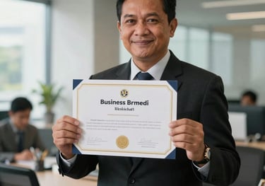 An Indonesian professional holding a certificate of business registration in a bright, modern corporate environment.