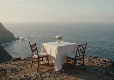 A luxury elopement setup on a North American / US clifftop. A small table with a soft off-white cloth and two chairs faces the ocean. The lighting is soft morning mist.