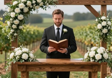 A celebrant standing at a beautiful wooden altar decorated with white flowers at a North American / US vineyard. The celebrant looks warm and welcoming, holding a leather-bound book.