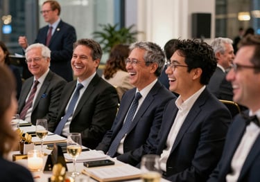 A group of people laughing at a corporate awards dinner in a North American / US city. An MC is visible in the background, interacting with the crowd. The atmosphere is sophisticated and celebratory.