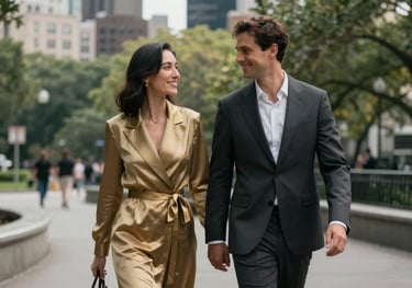 A stylish couple walking through a North American / US city park after their vow renewal. They are dressed in sophisticated, modern attire with muted gold accents. The mood is joyful and relaxed.
