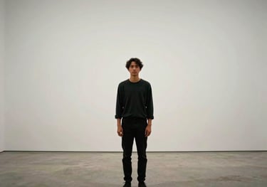 A wide shot of a solitary figure standing in a minimalist art gallery in North America, embodying quiet intensity and a calm, powerful presence.