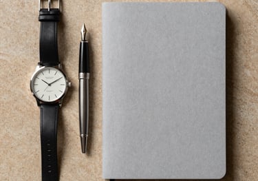 Top-down view of a minimalist desk setup in the US, featuring an analog watch, a premium fountain pen, and a blank slate gray journal on a warm stone surface.