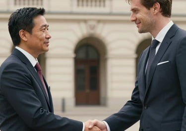 A photograph showing a handshake between two professionals, one Southeast Asian and one European, in front of an architectural background in Germany. Warm and respectful lighting.
