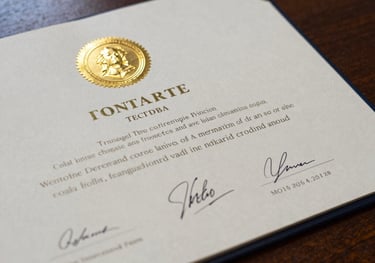 A close-up photograph of a formal certificate with a gold embossed seal and official signatures, resting on a dark wood desk. The lighting is soft and focused, highlighting the texture of the high-quality paper.