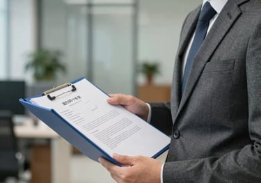 A sharp, professional photograph of a Southeast Asian person in business attire holding a blue folder containing official documents. The background is a blurred modern office setting.