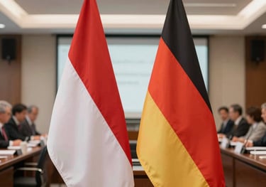 A bright photography shot of the flags of Indonesia and Germany standing side by side in a professional conference room, symbolizing international partnership and official cooperation.