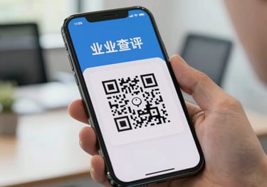 A close-up shot of a smartphone screen displaying an official QR code for business registration, held by a professional in a modern office. Bright, natural lighting.
