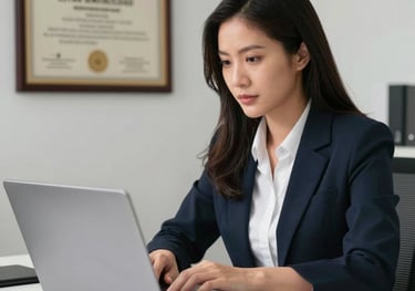 A high-quality photo of a Southeast Asian woman at a clean, white desk using a laptop, with a professional certification plaque visible on the wall behind her. The atmosphere is productive and professional.