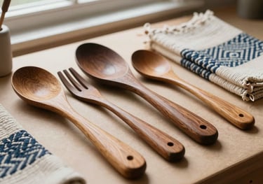 A detailed photograph of a North American artisan’s workspace, featuring hand-carved wooden kitchen utensils and woven textile crafts resting on a tan surface with natural window light.
