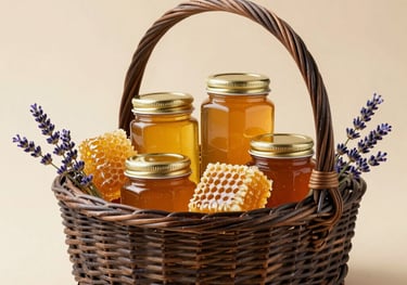 A bright, clean product photograph of a dark brown wicker basket overflowing with golden honey jars, artisanal honeycomb, and sprigs of lavender, set against a natural beige background in a North American farmhouse style.