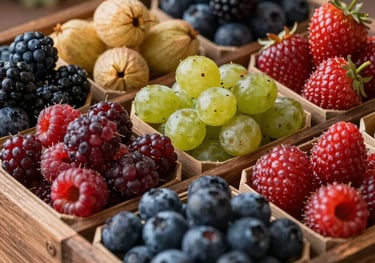 A vibrant, close-up photograph of a variety of freshly picked North American berries and stone fruits arranged in rustic wooden crates, highlighting textures and deep natural colors.