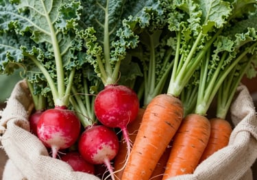 A close-up shot of vibrant green kale, bright red radishes, and earthy carrots with their tops still on, arranged neatly on a cream-colored burlap sack in a North American farm setting.
