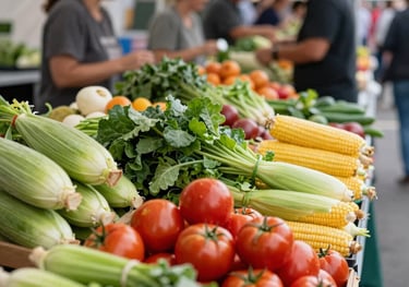 A vibrant and bustling outdoor farmers market stall in a North American / US setting, overflowing with a diverse and colorful display of fresh, ripe fruits and vegetables like red tomatoes, green leafy greens, and yellow corn. Soft, natural daylight illuminates the produce, highlighting its freshness and natural textures. In the background, out of focus, market-goers and vendors interact, creating a lively community atmosphere. The composition is eye-level, focusing on the abundant produce in the foreground, with a gentle depth of field.