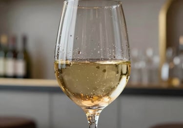 Close-up of a glass of white wine with condensation, reflecting warm ambient light. The background is a chic, modern bar interior with light gray and gold accents.