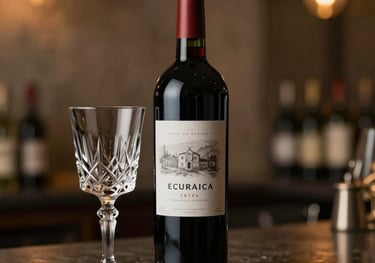 A bottle of premium red wine standing next to a crystal glass on a dark counter. Soft Brazilian lounge lighting in gold and brown tones creates a sophisticated atmosphere.