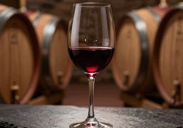 Photography of a glass of Malbec wine on a dark slate surface, illuminated by a warm spotlight. The background is a blurred South American wine cellar with wood and stone textures.