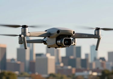Handheld photography of a sleek, modern drone flying over a futuristic city skyline in North America, highlighting tech innovation.
