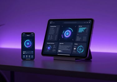 A minimalist tech workspace featuring a sleek smartphone and tablet displaying futuristic AI interfaces, illuminated by purple ambient light.