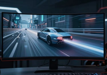 Cinematic shot of a high-speed data transfer visualization on a curved monitor in a dark, futuristic North American gaming room.