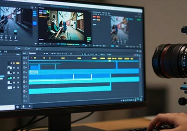 Close-up of a professional editing suite in a North American studio, showing a high-resolution display with a video timeline glowing in electric blue.