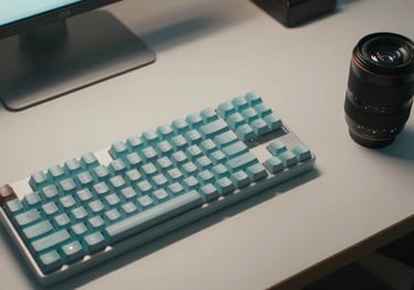 A top-down view of a designer's desk in a North American home office, with a mechanical keyboard and a high-end camera lens, soft cyan lighting.