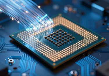 Abstract macro photography of a high-performance computer processor with glowing circuits and fiber optic strands, electric blue tones.