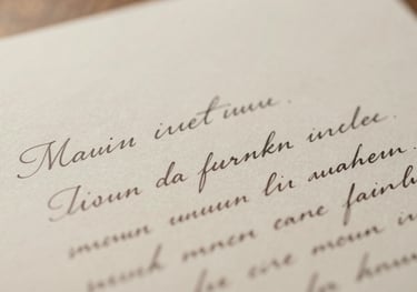 A close-up of a handwritten letter with elegant cursive script on off-white paper. Soft focus, warm morning light, German aesthetic.