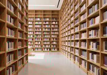 A wide shot of a modern, minimalist library with floor-to-ceiling wooden shelves. Bright, airy, and intellectual atmosphere.