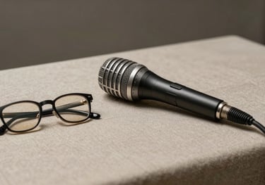 A minimalist studio shot of a classic microphone and a pair of spectacles on a beige linen tablecloth. Sophisticated and professional.