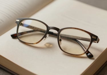 A high-angle shot of a pair of eyeglasses lying on an open book. Neutral tones, cream and sand colors, soft lighting.
